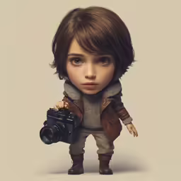 an animated female in brown is holding a camera