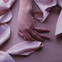 a female hand is held close up on satin fabric