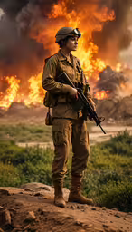 a person in uniform standing in front of a fire,a soldier standing on top of a dirt field next to a fire
