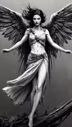 a woman with angel wings and a dress,a woman dressed in black and white with wings
