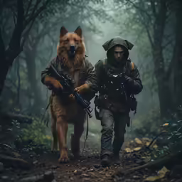 two men in camouflage with guns and a dog