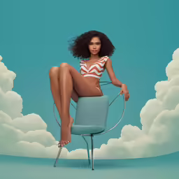 a woman in a bikini sitting on a chair in the clouds