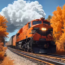 an orange train riding along the tracks with its lights on