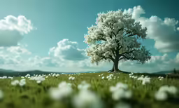 a tree in the middle of a field of white flowers