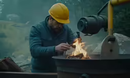 man holding camera while standing near a fire pit
