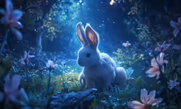 the bunny is sitting in the middle of the flowers