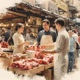 people in an outdoor market with some meat