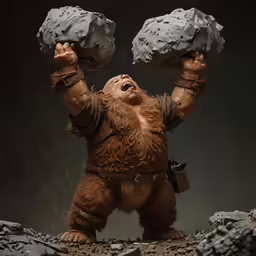 a man with a huge beard and hairy fur holding a large rock above his head