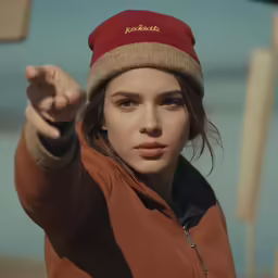 a close up of a person pointing at the camera