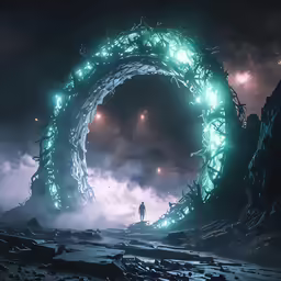 a person standing in front of a green neon circle