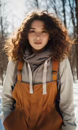 a woman in overalls walking through the snow