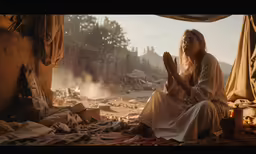 a woman is praying outside near the water