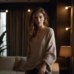 a woman is standing by a couch near a window