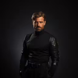 a man in black outfit with long sleeves,the actor in black leather suit and black shirt