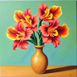 a painting of flowers that are in a vase,an oil painting of red and yellow flowers in a vase,painting of red and yellow flowers in a small orange vase,oil painting of a yellow vase filled with red and yellow flowers,a painting of a vase with many flowers in it