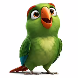 a cartoon green parrot looking at the camera