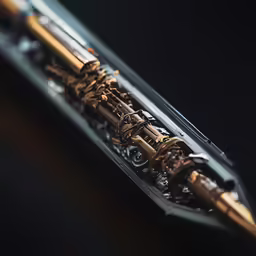 the underside view of a pen on a black surface