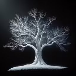 a large snow covered tree on a dark background