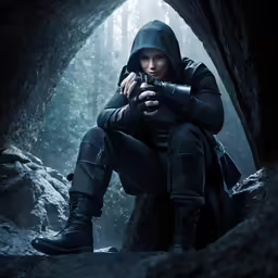 the girl in the hooded suit is holding an item in her hand