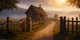 a photo taken in an autumny country setting with fog on the air,an old, rustic cottage sits next to a dirt path and fence