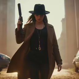 woman in trenchcoat and hat walking with an umbrella