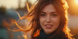 a girl with brown hair smiling in the sun