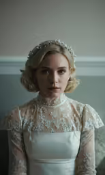 a woman with blond hair wearing a wedding dress and a tiara