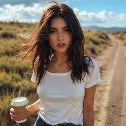 a young woman with dark hair holding a drink