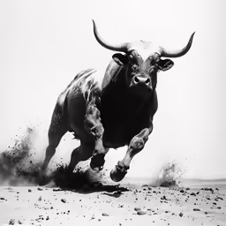 a black and white photo of a running bull
