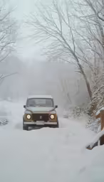 a truck driving on snow covered road with trees
