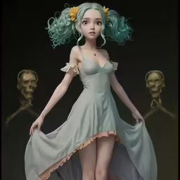 a figure of a woman with long blonde hair and green hair