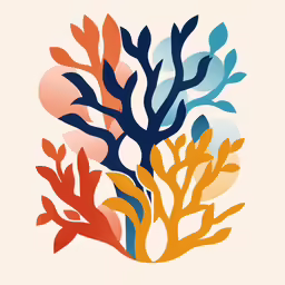 the abstract seaweed design is shown in orange and blue