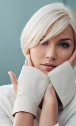 a woman with white hair is wearing a glove