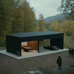 the two people are standing outside looking at the car in the garage