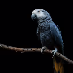 an adorable black and grey parrot sits on a branch