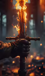 a hand holding up a large cross with flames rising from it