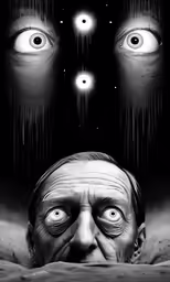 an old man is in front of three eyes with water falling from them