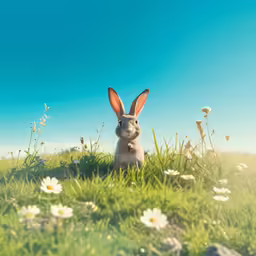 a bunny sitting in some grass with flowers
