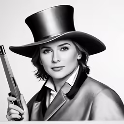 a woman in black hat holding a gun with white background