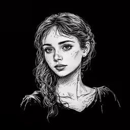a black and white drawing of a girl in a black dress