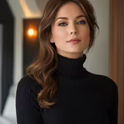 a woman with long brown hair standing in front of a window