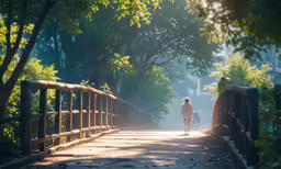 man walking in the forest alone on the bridge