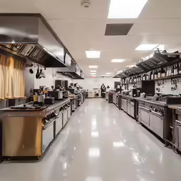 an industrial style kitchen with several stoves, toasters and sinks