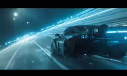 a photo of a fast and efficient sports car speeding along a dark street