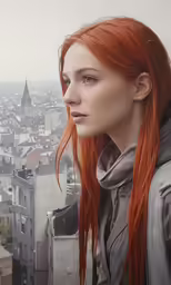 a red haired woman with long orange hair looking over a city