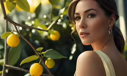 a woman wearing a yellow top standing in front of lemon tree