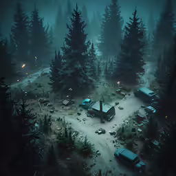 two vehicles in a parking lot in a forested area