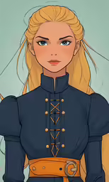 a cartoon of a blonde woman with long hair in an outfit