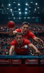 two men in red shirts are playing a game