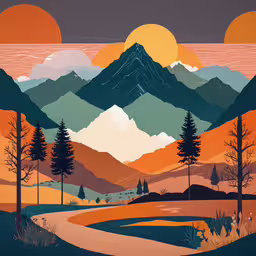 a picture with a mountain range in the background,painting of a sunset in mountains with trees